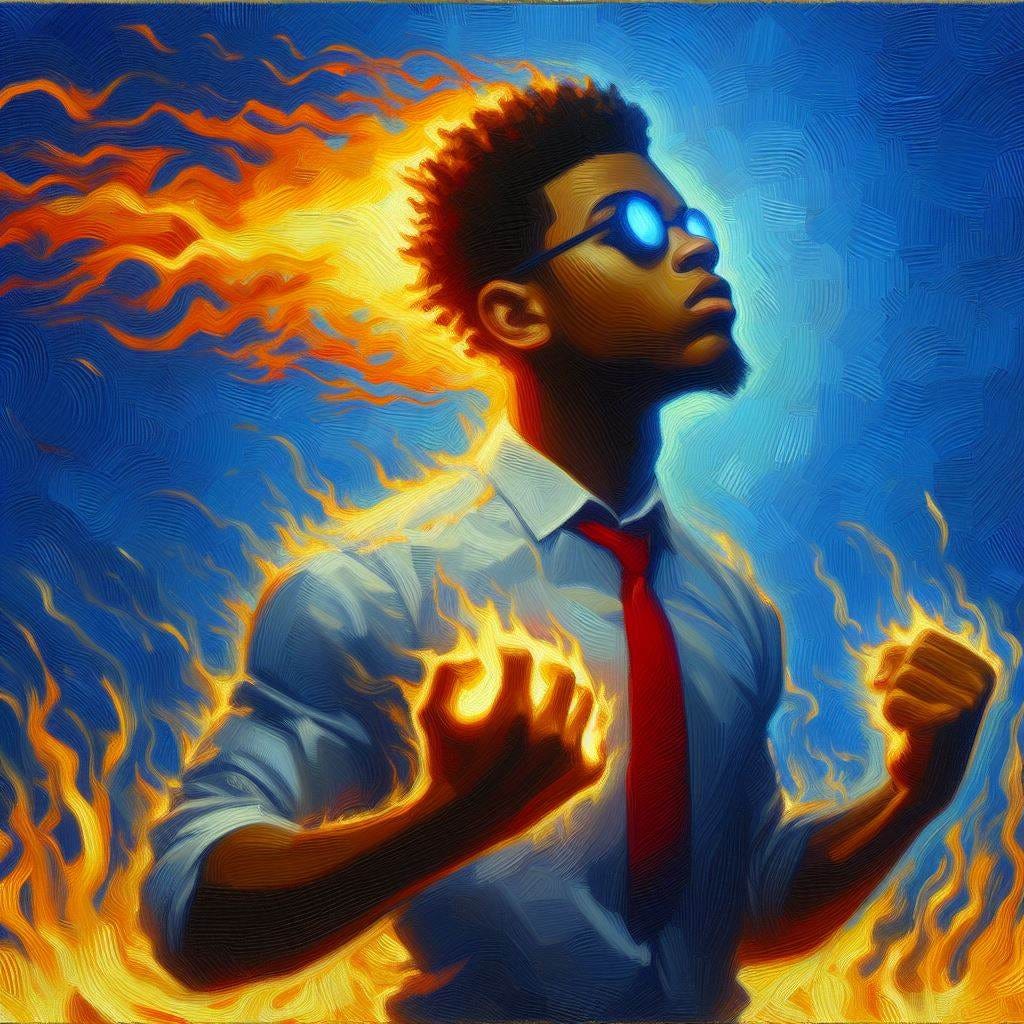 génère l'image d'un jeune homme noire qui a super pouvoir de feu mais qui n'arrive pas encore à le contrôler, le style peinture d'huile sur fond bleu