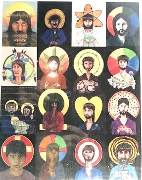 16 different variations of the iconic image of Jesus with a halo in the background. The variations show people of different backgrounds and from different walks of life, emphasising the inclusivity of the Church