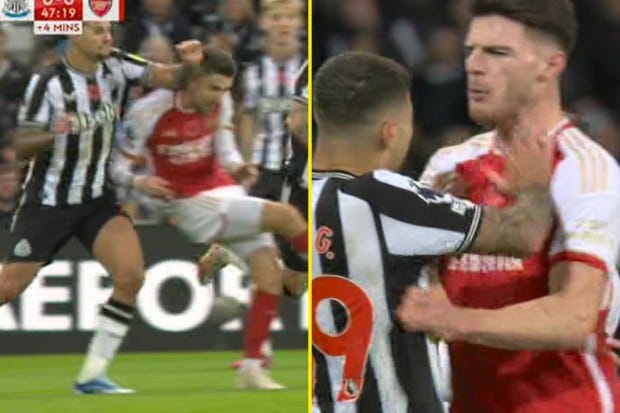 Newcastle star Bruno Guimaraes avoids sending off for elbowing Jorginho  before confronting Declan Rice | talkSPORT