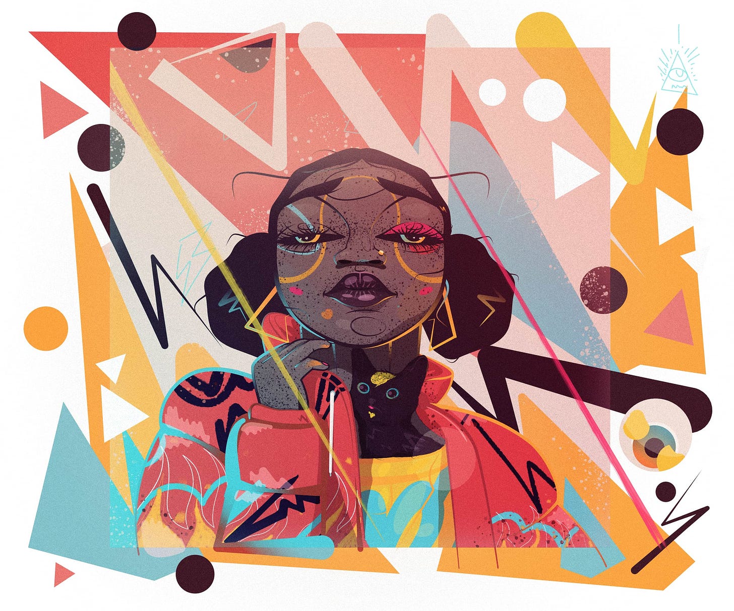 Random splattering of geometric shapes layered around a drawing of a girl with two hair buns, popping the collar of her jacket