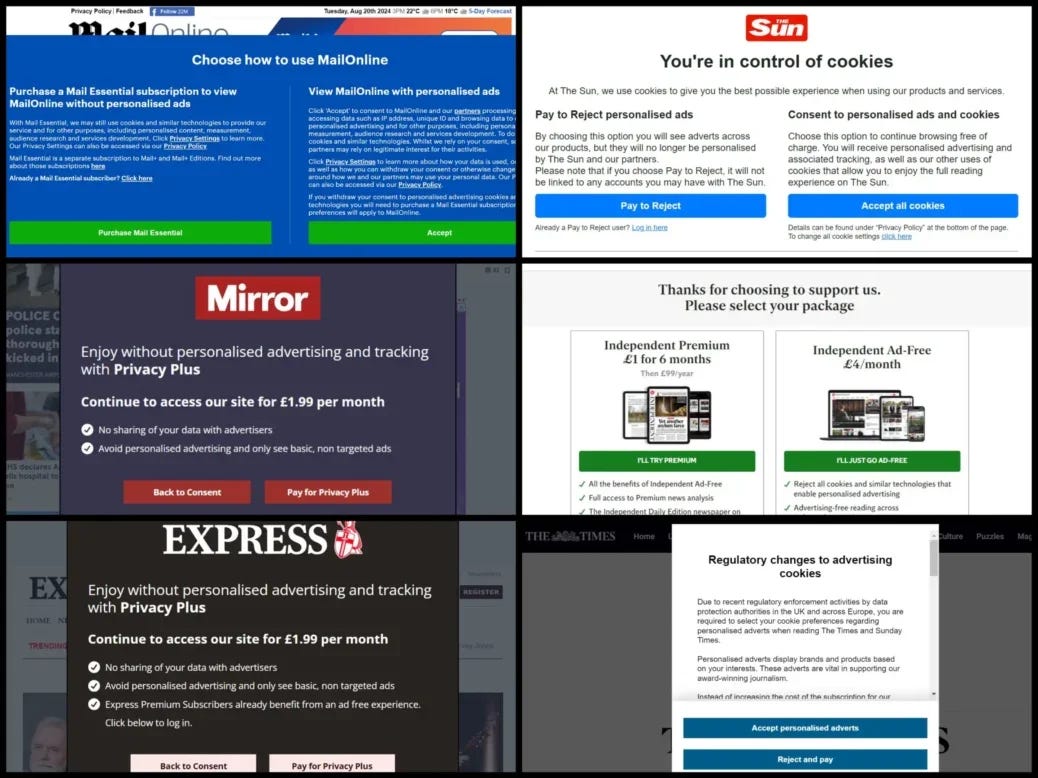 Screenshots of consent or pay cookie banners for Mail Online, The Sun, the Mirror, The Independent, the Express and The Times