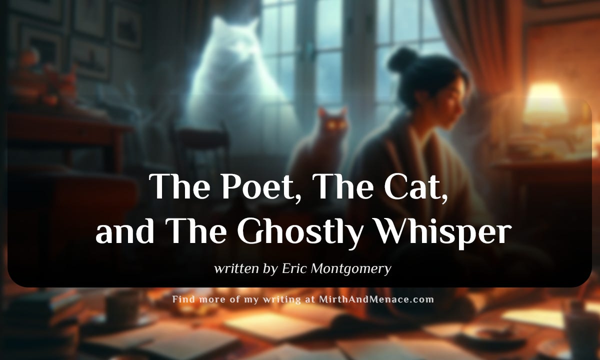 An AI generated image that shows a serene woman with a cat gazes at a ghostly feline apparition by a cozy, lamp-lit window. Used for cover art on a story called "The Poet, The Cat, and The Ghostly Whisper" by Eric Montgomery on MirthAndMenace.com