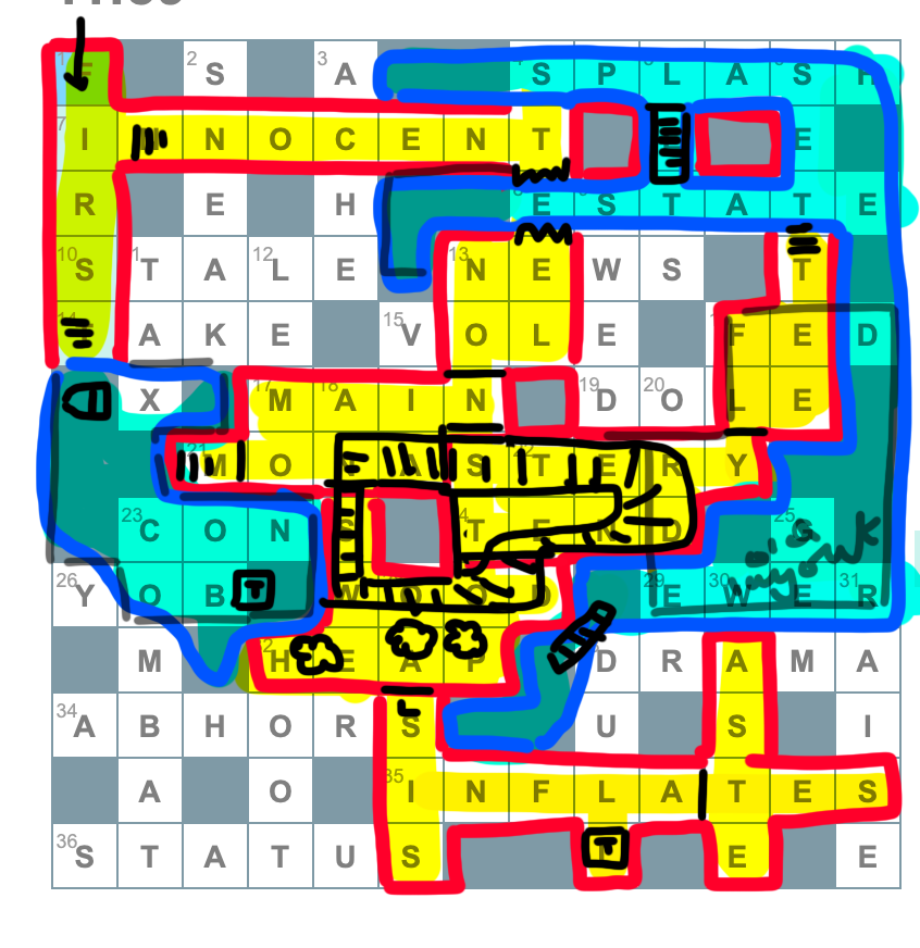 A crossword with words highlighted and sections outlined and annotated to create the rough outline of a dungeon.