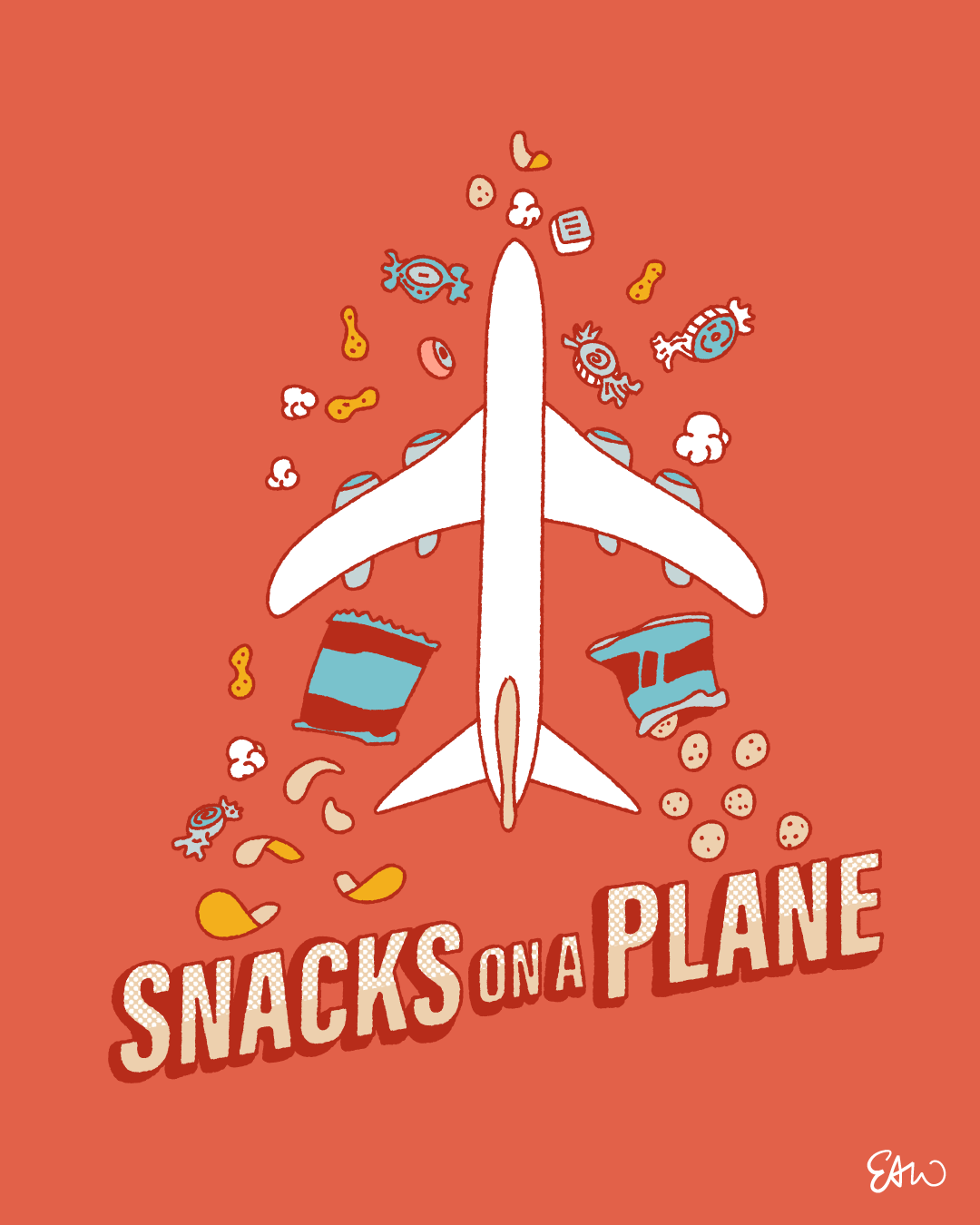 Cartoon illustration drawn in a retro style with a minimal palette of primarily faded reds, with teal green and yellows for accents and halftones for shading. The poster shows a birds-eye view of the top of a commercial airplane, centred in the composition and surrounded by spot illustrations of various examples of junk food in and out of their packaging. The caption in the lower-third of the poster is styled in the same font treatment as the original “Snakes on a Plane” movie. Instead it reads, “Snacks on a Plane.”