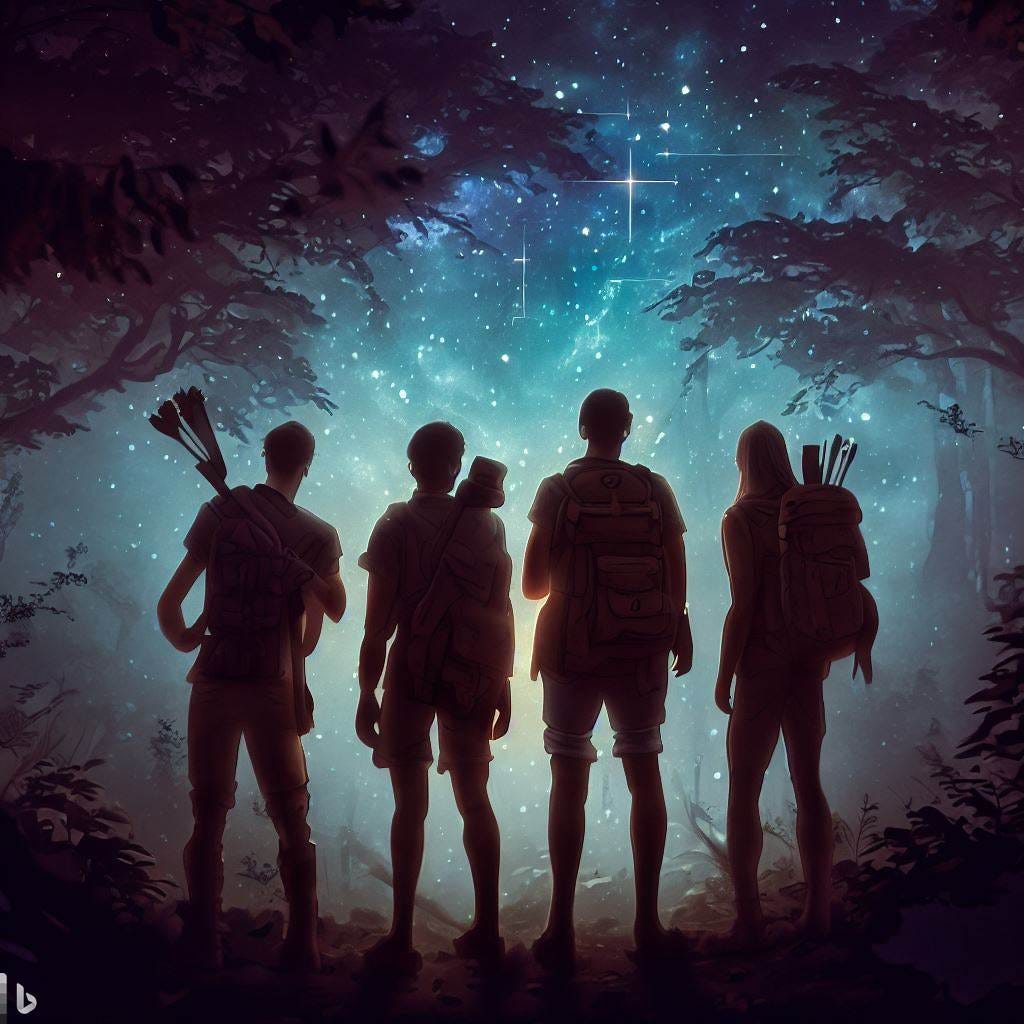 four adventurers back turned in forest at night with constellations of stars in sky, fantasy art