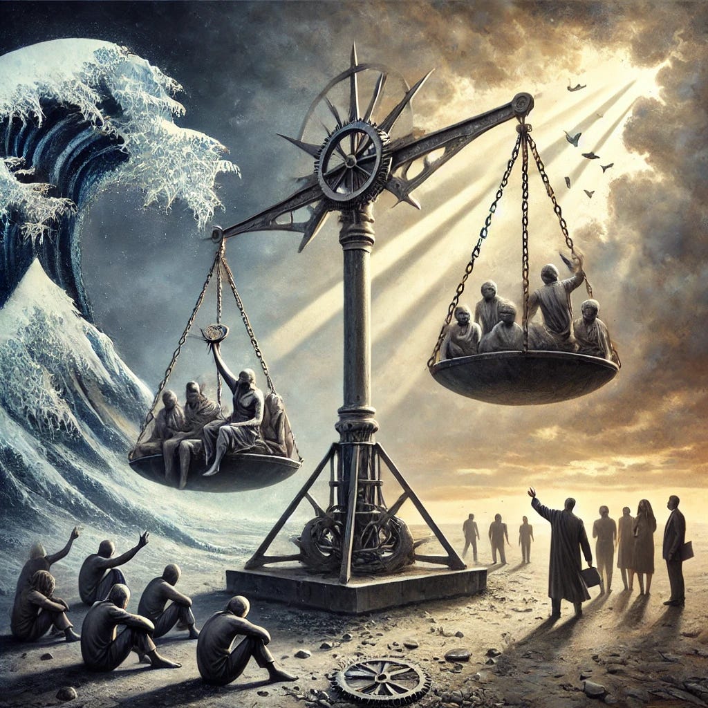 A visually compelling artistic rendering symbolizing the tension between despair and redemption in the context of criminal justice interventions and systemic reform. The central image is a large, symbolic balance scale, partially repaired, with one side still weighed down by fragmented social programs and the other side carrying structural forces, depicted as tides beginning to recede. Figures around the scale show a mix of hope and skepticism, some beginning to rebuild the scale while others remain seated in contemplation. The background shifts from dark stormy skies to hints of sunlight breaking through, with soft, muted tones symbolizing cautious optimism amidst lingering challenges.