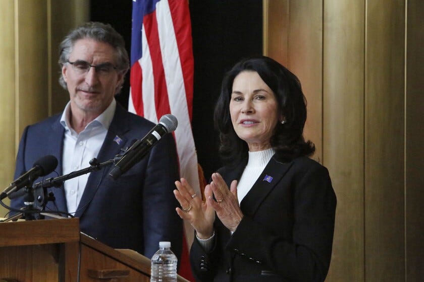 Tammy Miller, right, speaks at a press conference on Tuesday, Dec. 20, 2022, where Gov. Doug Burgum introduced her as North Dakota's next lieutenant governor.
