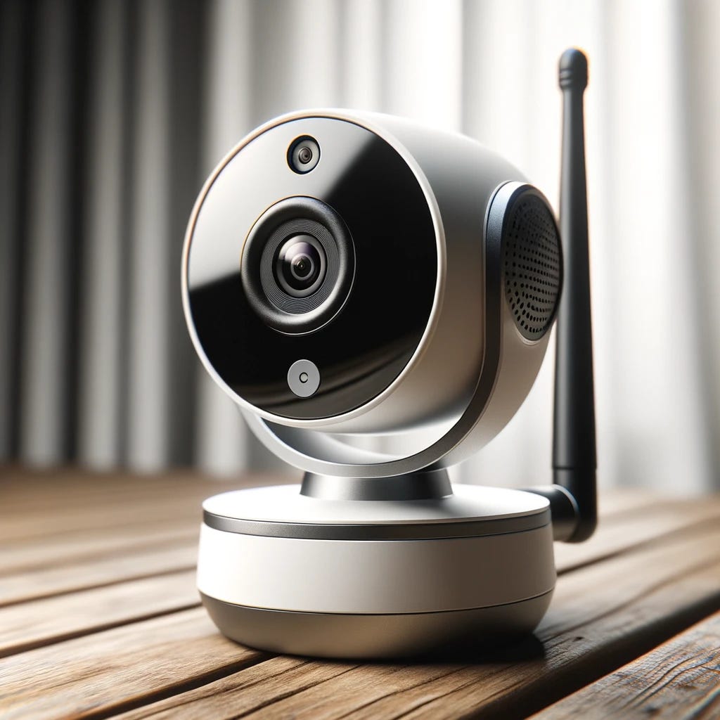 Photorealistic depiction of a wireless IP camera on a wooden desk, with its antenna extended. The camera's design is compact and contemporary.