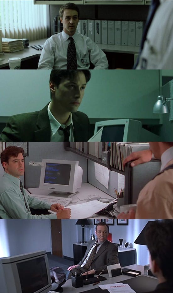 Screenshots from Fight Club, The Matrix, Office Space and American Beauty of the protagonists looking sad in cubicles