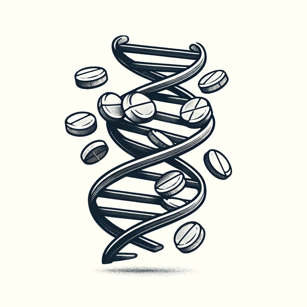 A hand-drawn illustration featuring a right-handed DNA helix wound around several statins tablets. The artwork should embrace a minimalistic theme with clean lines and a simple artistic approach. The DNA should be intricately drawn, twisting around the distinctly shaped statins tablets, which are small and circular. The illustration should use a limited color palette to maintain the minimalistic and scientific aesthetic.