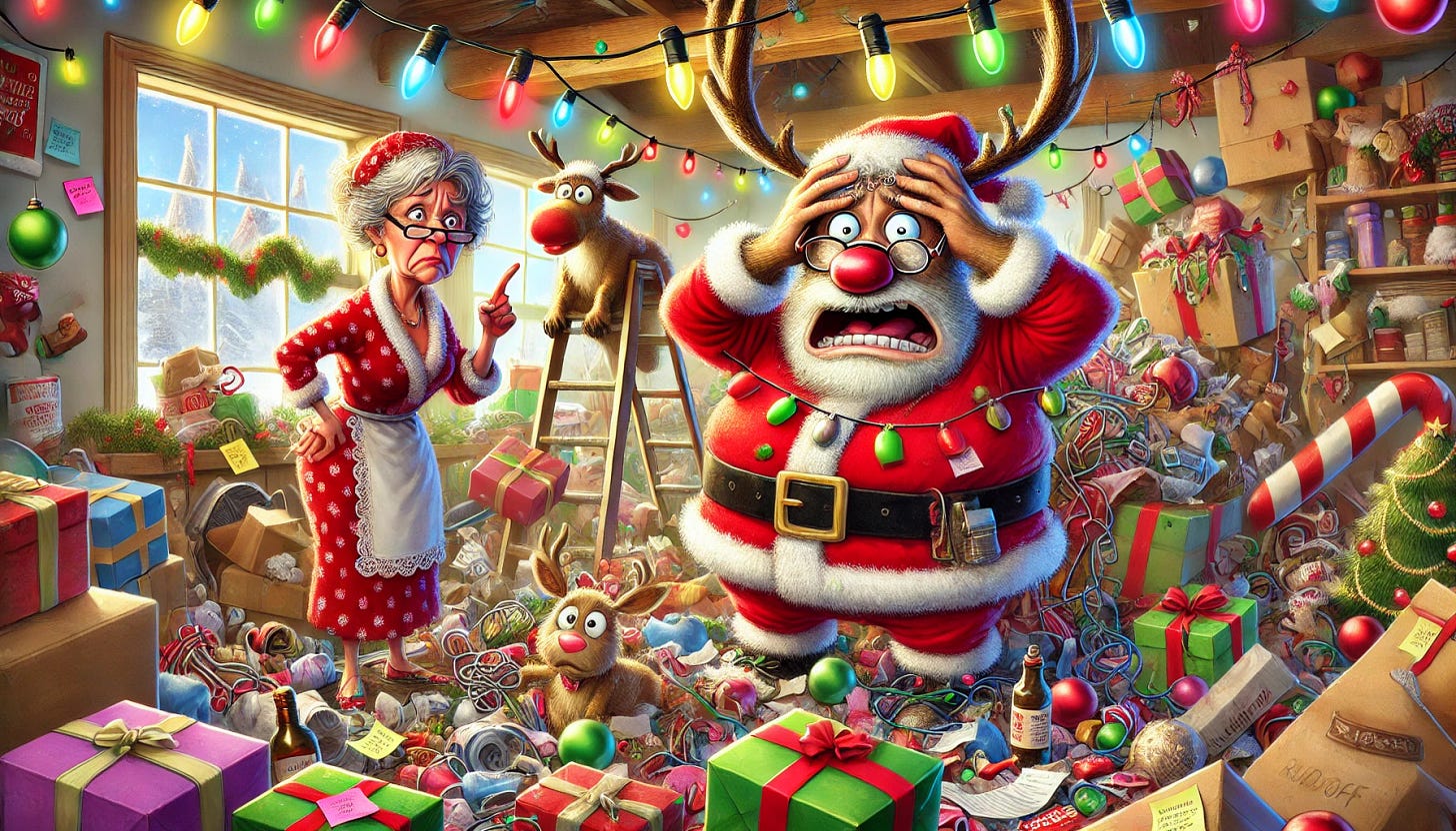 A humorous illustration of a very disorganized Santa Claus in a cluttered workshop, presented in a wide rectangular format. Santa is frantically searching through piles of half-wrapped presents, tangled Christmas lights, and scattered sticky notes. Mrs. Claus, with a traditional and modest appearance, has her hands on her hips and is scolding him with an exasperated expression. Rudolf, the reindeer, is prominently featured, larger in size, standing nearby with a stressed and horrified expression, his hooves dramatically covering his face. The scene is colorful, chaotic, and exaggeratedly funny, capturing the festive humor of the situation.