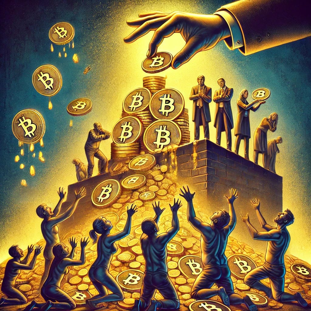 A satirical and surreal illustration of 'trickle-down Bitcoinomics': a towering stack of Bitcoin coins at the top, representing wealth and prosperity. Below, people reach out as smaller coins and fragments slowly drip down, representing the idea of wealth trickling down to the masses. The background is a blend of opulent gold and dark shadows, symbolizing wealth disparity, with exaggerated expressions on the faces of those below, highlighting frustration or hope. The scene should feel both humorous and critical, with a focus on wealth distribution in the cryptocurrency world.