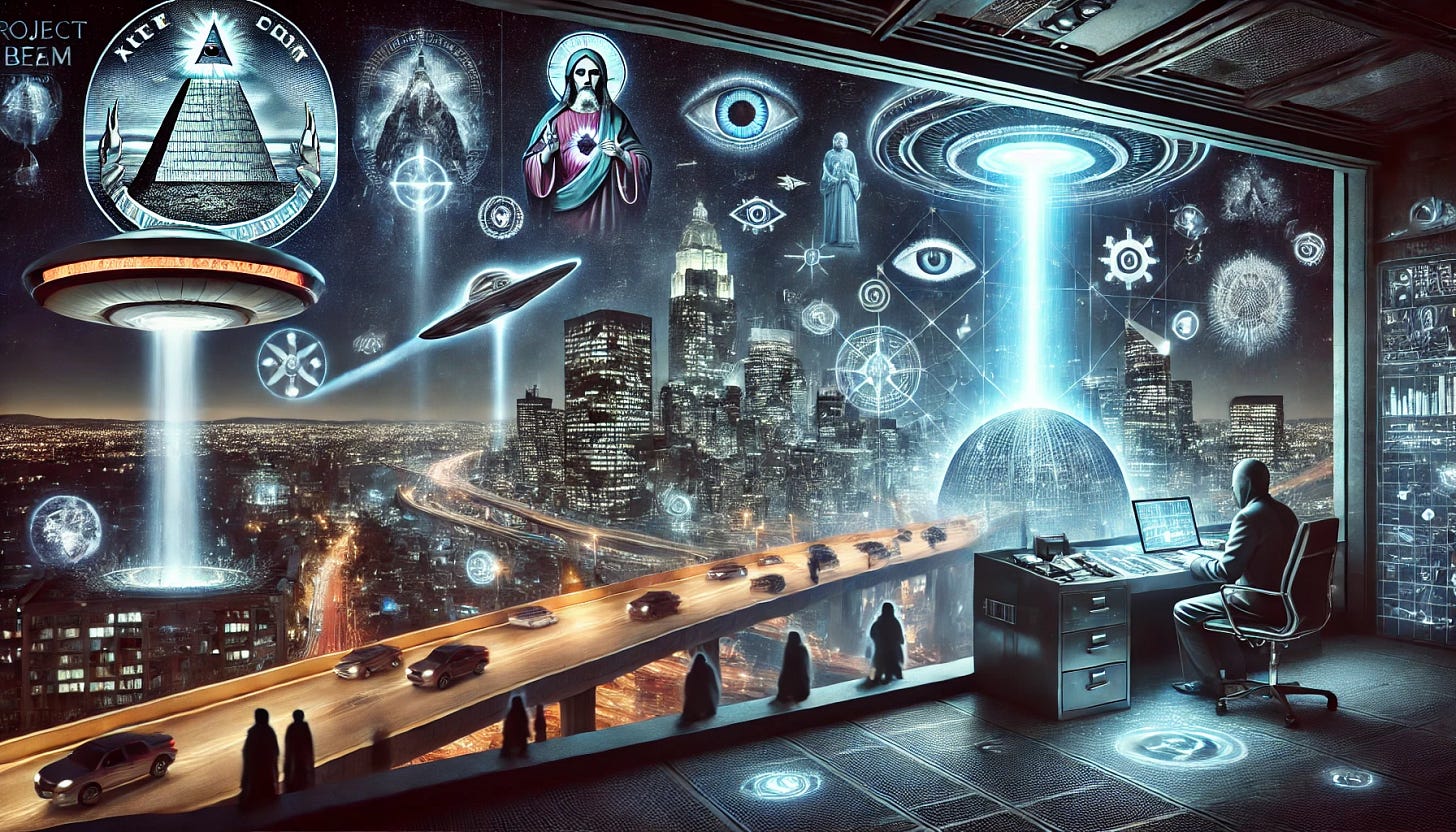 An imaginative digital art rendering illustrating Project Blue Beam conspiracy theories. The scene features a futuristic cityscape at night under a dramatic sky filled with realistic holographic projections of religious figures, alien spacecraft, and mysterious symbols. A hidden, shadowy control room with advanced technology overlooks the city. The tone is ominous, blending realism with a surreal conspiracy vibe, emphasizing themes of deception and psychological warfare.