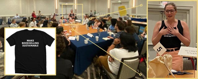 A photo of Nicole at a table, surrounded by booksellers, wearing a black tanktop. A zoom-in reveals the text MAKE BOOKSELLING SUSTAINABLE. Overlaid is an image of a plain black-t that reads MAKE BOOKSELLING SUSTAINABLE.