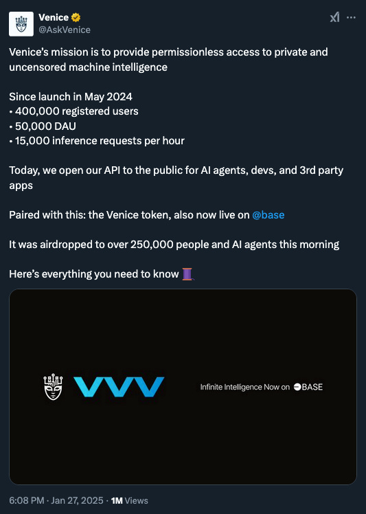 Venice AI just opened their API to the public and launched their native token on Base, $VVV.