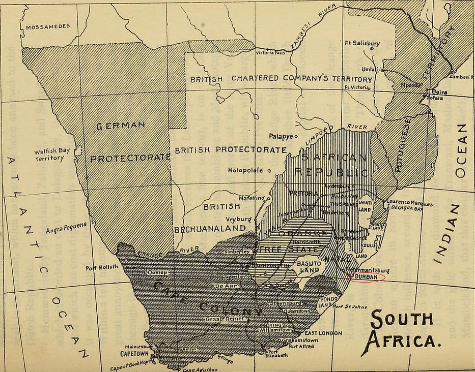 A map of colonial South Africa shows where Gandhi arrived.