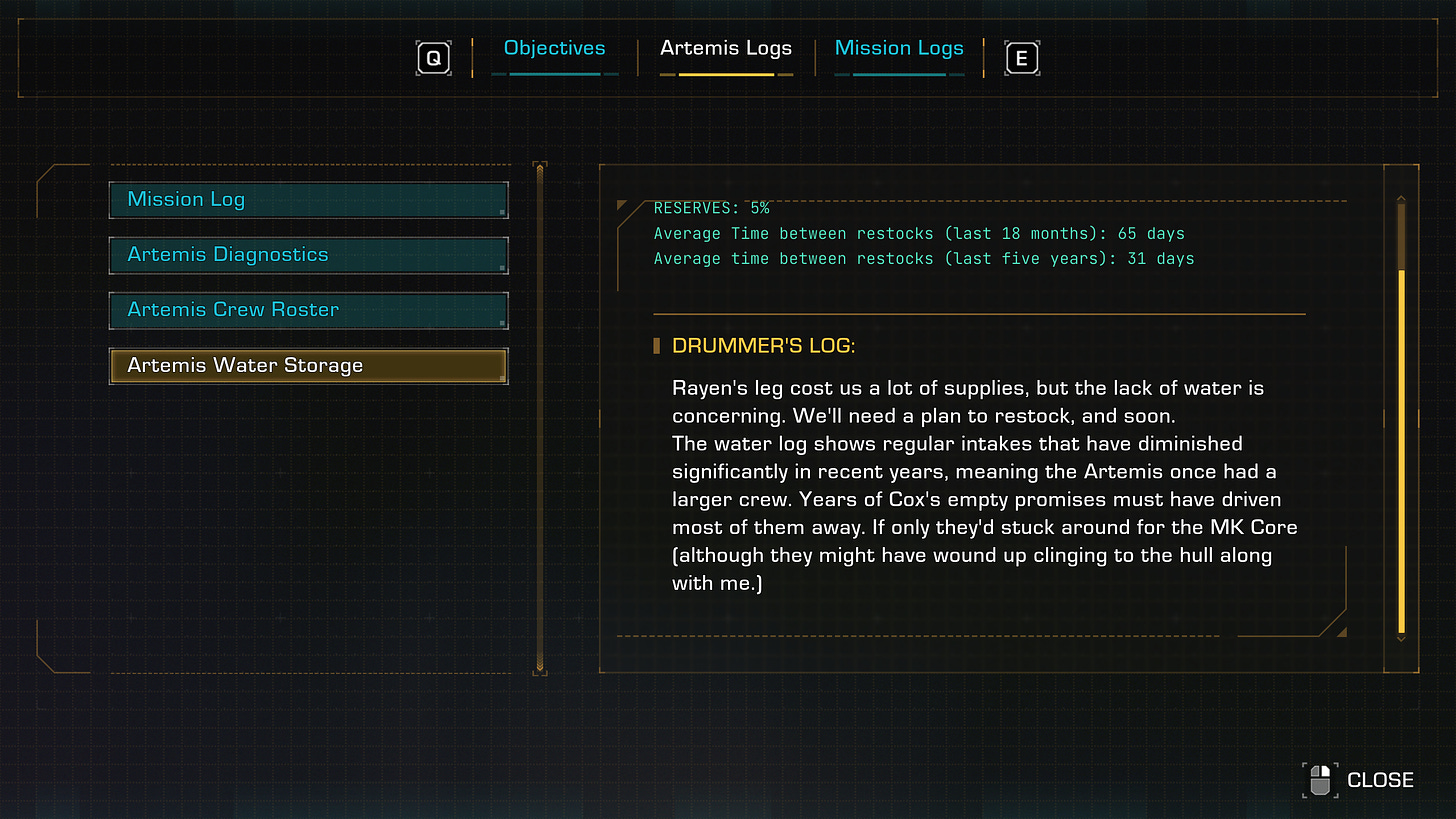 A screenshot of the game The Expanse: A Telltale Series in its main menu, showing the Artemis Logs, showing the problem of water shortage.