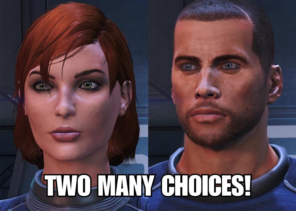 Male and female Commander Shepard with caption, "two many choices!"
