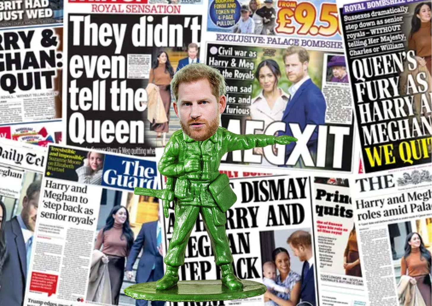 Prince Harry's face on the body of a plastic toy soldie over a montage of tabloid newspaper frontpages