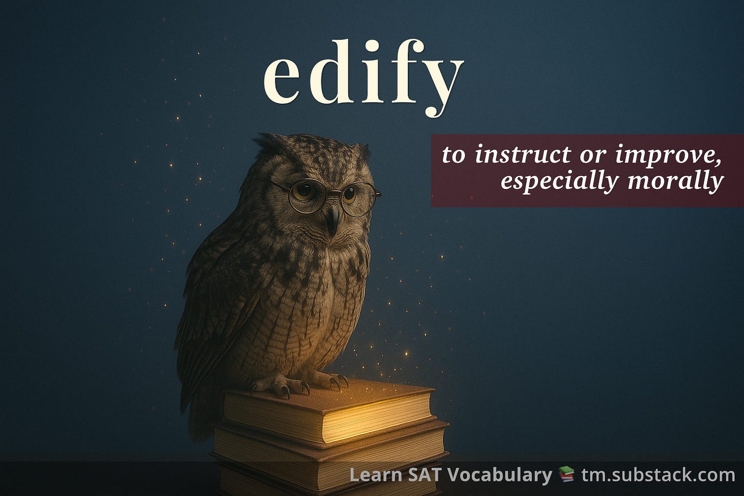 Illustration of a wise owl with glasses on glowing books; used to illustrate the SAT word 'edify'.