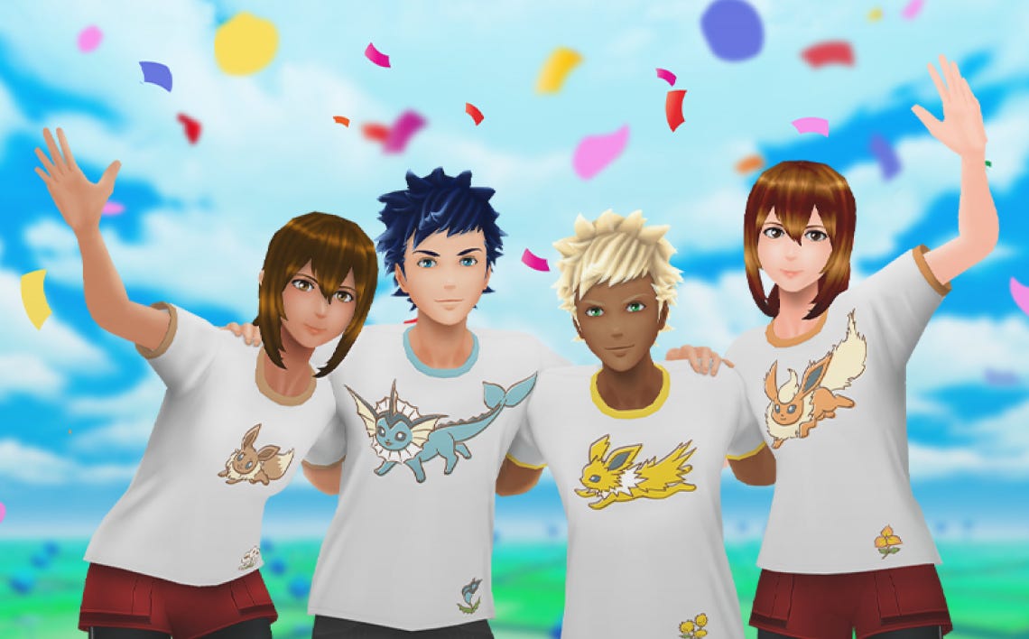 Party Play allows parties to obtain exclusive items, such as these Eevee-themed T-shirts, featuring Eevee, Vaporeon, Jolteon, and Flareon