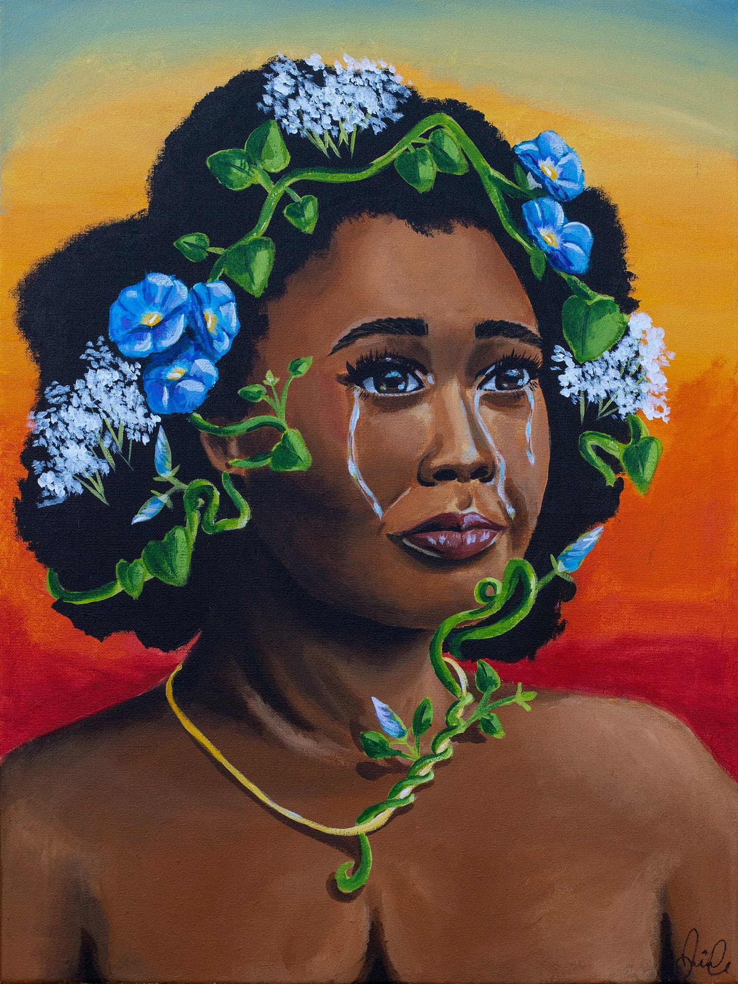 A painting by Jasmine Green depicting a young Black girl with a solemn expression, tears rolling down her cheeks, framed by blue flowers in her hair.Art for Black Women and Girls A painting by Jasmine Green depicting a young Black girl with a solemn expression, tears rolling down her cheeks, framed by blue flowers in her hair.Art for Black Women and Girls