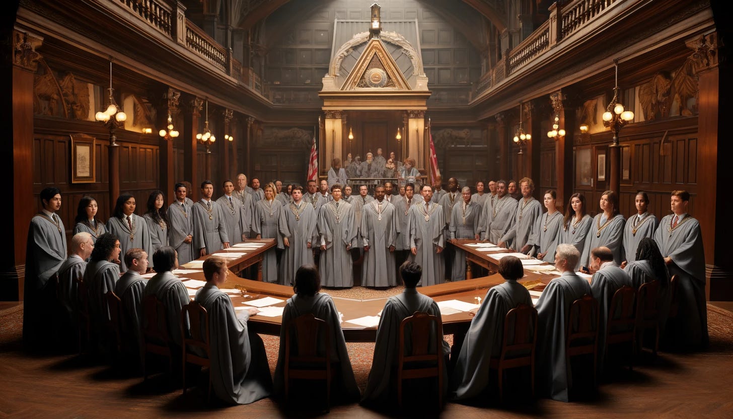 A diverse group of people dressed in ceremonial grey robes gathered around a large, ornate wooden table in a grand lodge setting, reminiscent of a Freemasons' hall. The room features high ceilings, classical arches, and intricate woodwork. The individuals represent a broad range of ethnicities, including Asian, African, Hispanic, and Caucasian. They are engaged in a governance meeting, discussing papers and documents. Some are standing while others are seated, enhancing the scene of collaborative discussion.