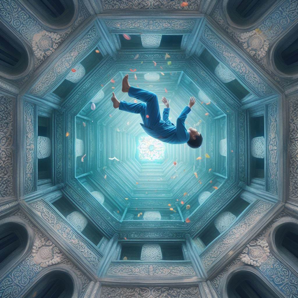 Hyper realistic;tilt shift; everything is falling . foreshortening head to feet looking down at ground. Vietnamese man with eyes open in blue traditional garb. falling with Quatrefoil on wall inside it : man falling with grey Gothic Tracery inside: light green glowing decorative tiles. man falling glowing coral light contains the Angkor Wat, Cambodia: : water, aluminum foil, flower petals sunny day with cerelean sky.Tilt shift.ethereal . fish 