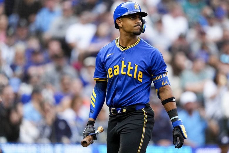 Seattle Mariners&#8217; Julio Rodríguez reacts to striking out against Minnesota Twins starting pitcher Bailey Ober during the fourth inning of a baseball game Friday, June 28, 2024, in Seattle.  (Lindsey Wasson / The Associated Press)