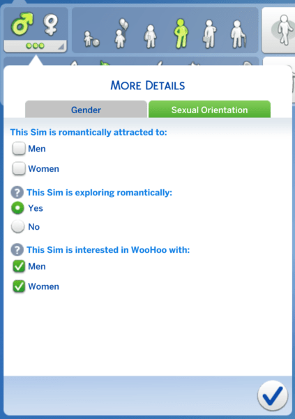 Dropdown showing sexual orientation options: This Sim is romantically attracted to: Men and/or Women. This Sim is exploring romantically: Yes or no. This Sim is interested in WooHoo with: Men and/or Women.