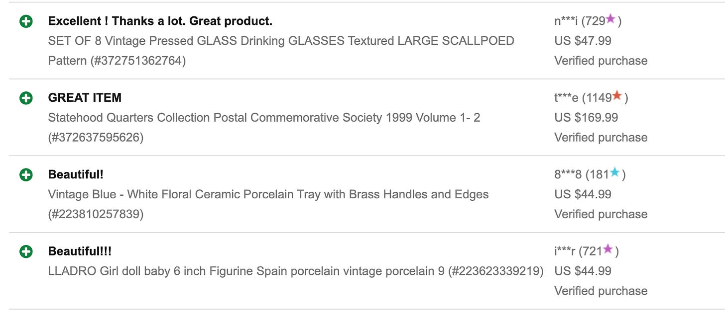 Screenshot of positive eBay reviews for various vintage items. Reviews include comments like "Excellent! Thanks a lot. Great product." for a set of vintage pressed glass drinking glasses sold for $47.99