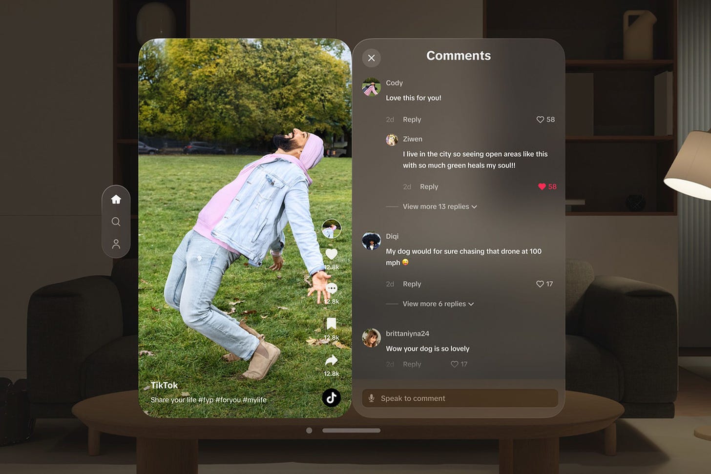 TikTok video on the vision pro with comments visible.