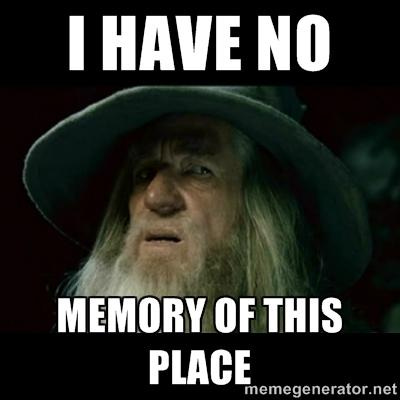 Gandalf from Lord of the Rings, with caption "I have no memory of this place"