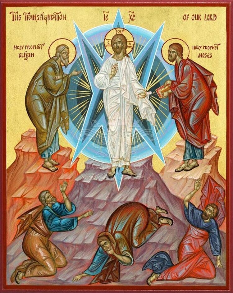 An traditional icon of The Transfiguration, with Elijah, Jesus, and Moses positioned on a hill above several cowering disciples.