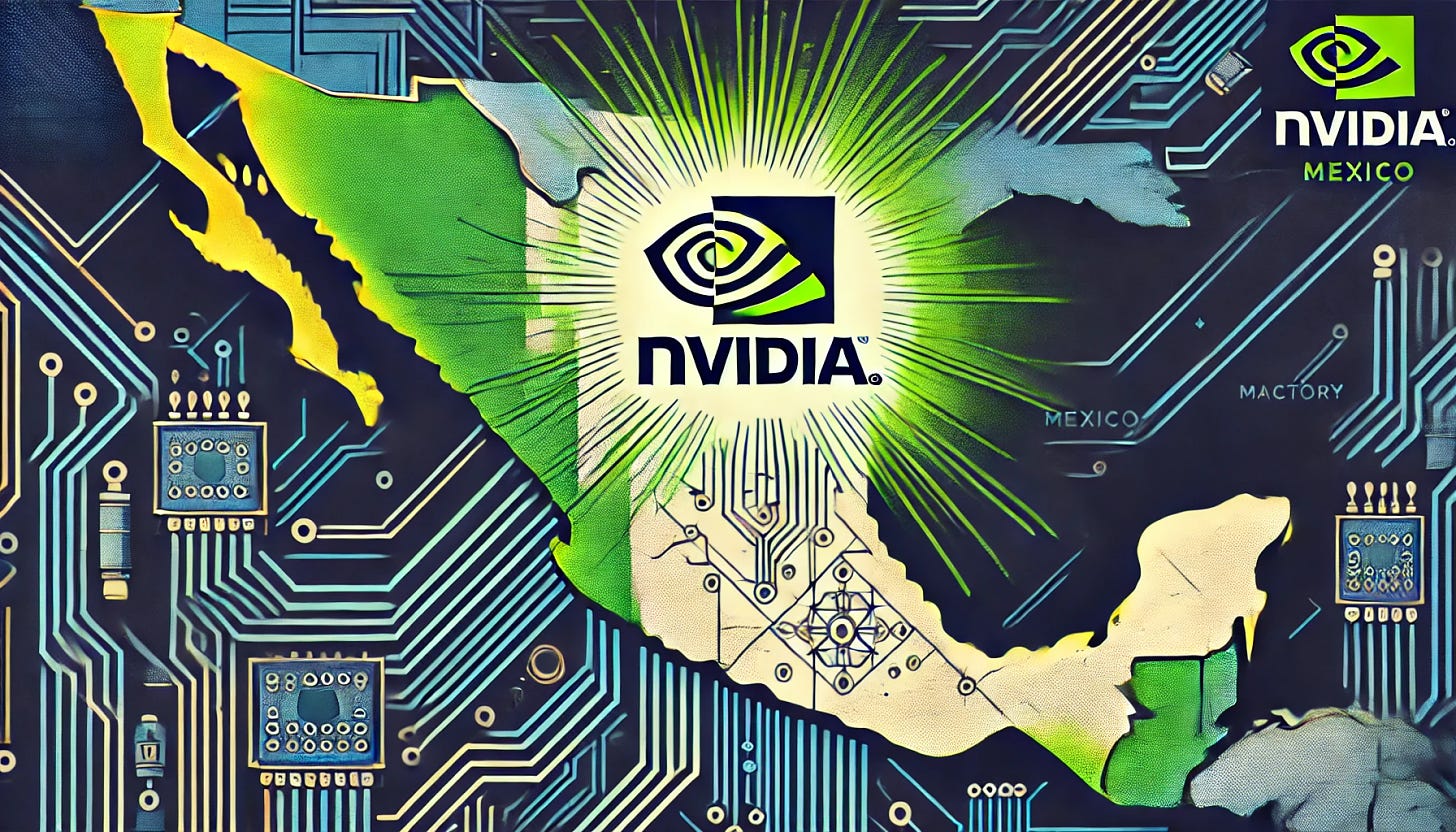 A highly stylized image featuring the Nvidia logo placed over a map of Mexico. The map is designed in a pop-art style with clean lines, bold colors, and an illustrative approach. The Nvidia logo radiates green light above a circuit-like design across the Mexican territory, representing technological advancement and Nvidia's new factory in the country. The overall composition conveys innovation, progress, and industrial growth, with a clear focus on the futuristic and technological elements we've been working with, using a vibrant yet polished look.