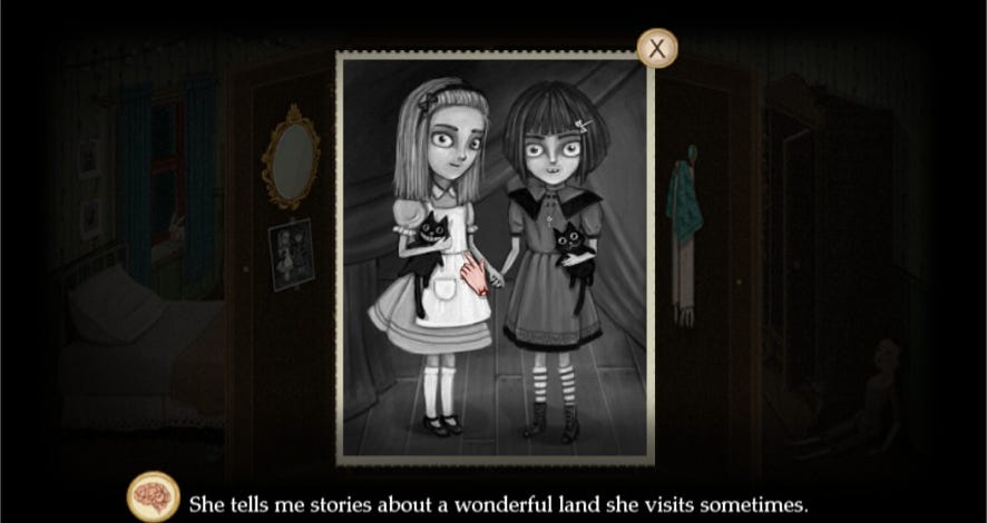 A screenshot from Fran Bow, showing Fran examining a black and white photo of her with another girl wearing the classic Alice in Wonderland getup. Fran is saying: "she tells me stories about a wonderful land she visits sometimes."