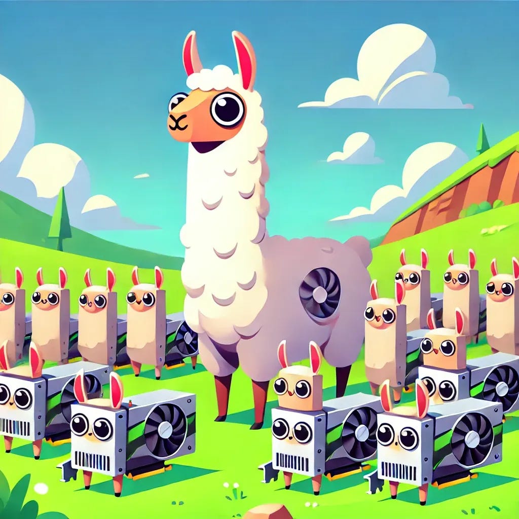 A cartoon-style llama standing proudly as a guard, watching over a herd of animated GPUs (graphics cards) in a grassy field. The GPUs have cute faces and are grouped like livestock. The scene is colorful and playful, with a bright blue sky and a few fluffy clouds.