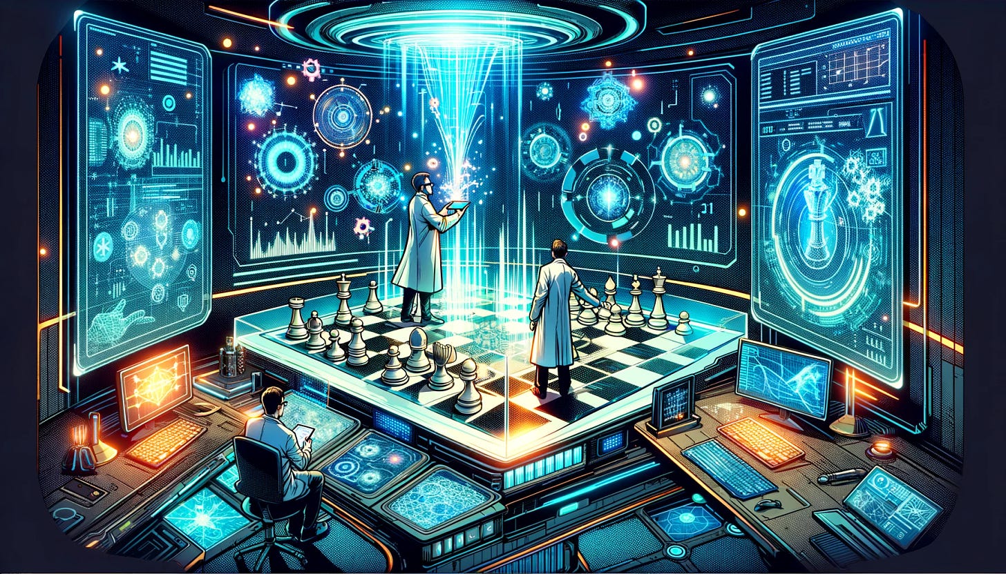 A dynamic and vibrant light comic book style illustration set in a futuristic lab. The scene depicts two scientists, one adjusting a large, digital holographic chess board that floats in the air between them, with chess pieces moving as if by magic. The other scientist, holding a tablet, analyzes complex algorithms and data relating to the chess game. Behind them, a large screen displays the Chess-GPT's interface, showing chess moves and player ratings. The lab is filled with advanced technology, glowing screens, and digital interfaces. The color scheme is bright with contrasting lights and shadows to give a cool and engaging feel. The perspective should make the viewer feel like they are part of the scene, observing a breakthrough moment where the manipulation of Chess-GPT’s world model is happening.