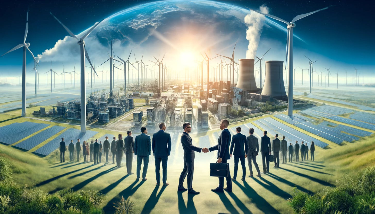 A dynamic and visionary scene illustrating the largest U.S. companies in the world transitioning to renewable energy. In the foreground, corporate executives in business attire shake hands with engineers and environmental scientists in front of a vast landscape filled with state-of-the-art wind turbines and solar panels under a bright, sunny sky. Behind them, a mixture of modern office buildings and green technology facilities symbolizes a partnership between industry leaders and renewable energy experts. This handshake represents the sealing of deals and collaborations aimed at driving sustainable energy initiatives forward. The entire scene is set against a backdrop that showcases a harmonious blend of technology, nature, and corporate responsibility.