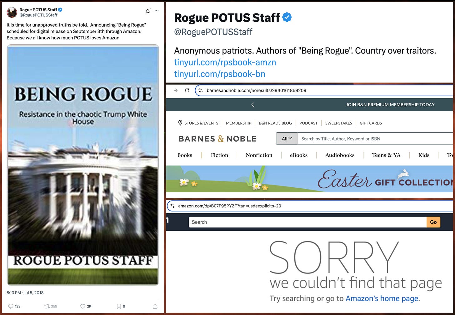 @RoguePOTUSStaff tweet announcing their book, and screenshots of Amazon and Barnes & Noble showing that the book is presently unavailable