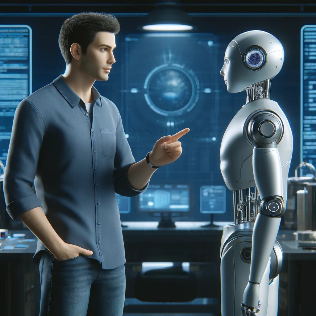 A futuristic scene depicting a man teaching an AI how to perform a task. The man, in his 30s, has short black hair and wears a casual blue shirt and jeans. He stands beside a sleek, humanoid robot, which has a smooth silver surface and a screen displaying code. They are in a high-tech room filled with gadgets and screens showing various data. The man gestures towards a large digital display that illustrates the task, while the robot appears attentive, its head tilted slightly as if in concentration.