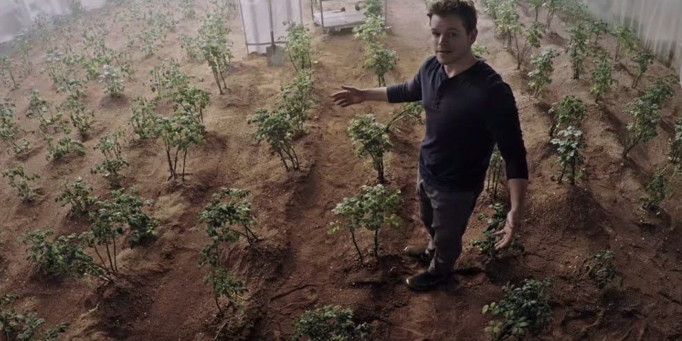 From The Martian: Astronaut Mark Watney stands in the HAB in his potato field, looking to the camera and motioning to his thriving plants.