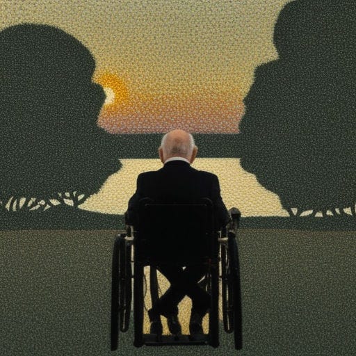 Prompt: Prime minister John Howard in a wheelchair looking at a sunset in the style of georges Seurat  , by Jacob Lawrence and Francis picabia, perfect composition, beautiful detailed intricate insanely detailed octane render trending on artstation, 8 k artistic photography, photorealistic concept art, soft natural volumetric cinematic perfect light, chiaroscuro, award - winning photograph, masterpiece, oil on canvas, raphael, caravaggio, greg rutkowski, beeple, beksinski, giger