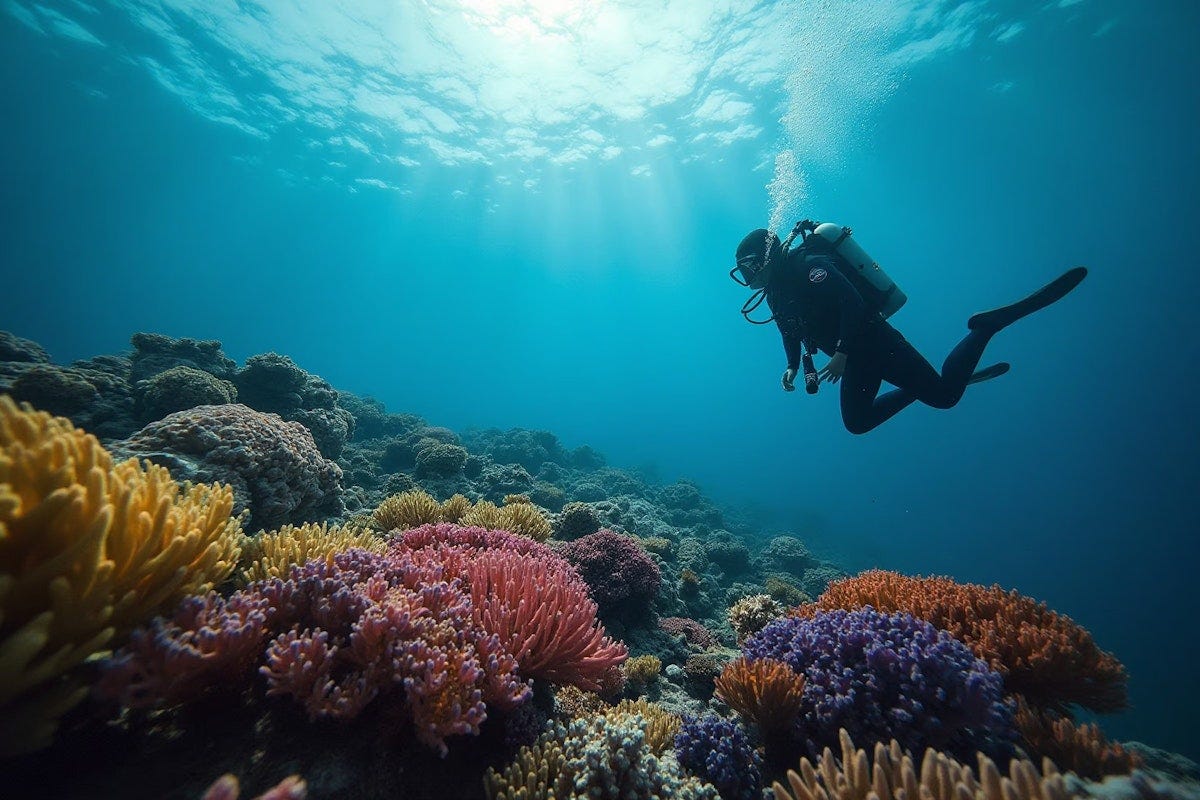 "A Scuba Diver Looking Down at a vibrantly colored coral reef"