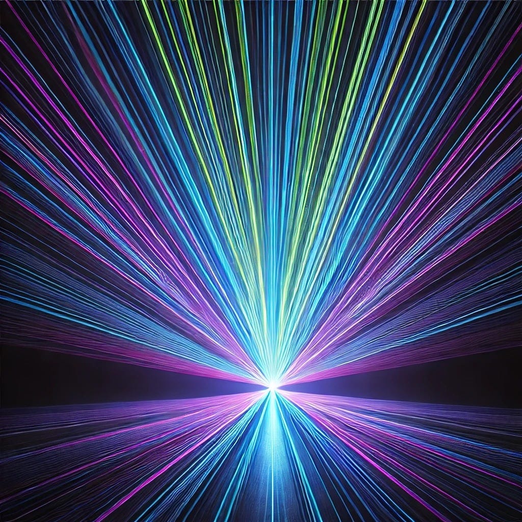 Laser show, with purple, blue and green laser beams spraying out from a fixed point, against a dark background.