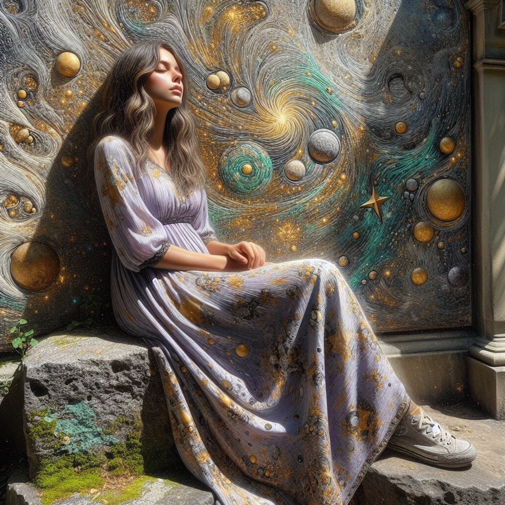 hyper realistic close up of universo, arbol, estrella pattern on womans dress. she wears a light lavender ,black, cream and gold casual summer dress, she sits on a rock under a sunny sky on a sunny day. the Père Lachaise Cemetery (Paris, France) is painted in thick, textural layers of oil paint and the wall nearby is made of craggy rock with green moss an gold leaf. It is also painted in chunky, thick oil paint. Luminescent painting