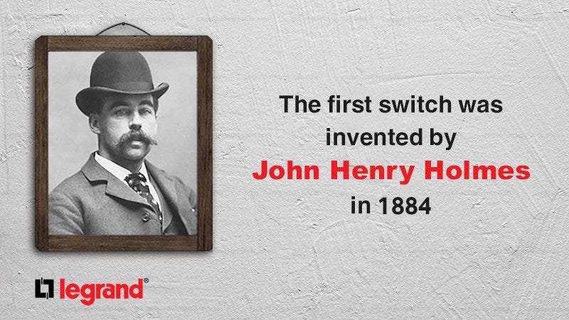 Un montage posté sur Twitter qui montre un homme moustachu en noir et blanc avec cette mention "John Henry Holmes invented the first switch in 1884".