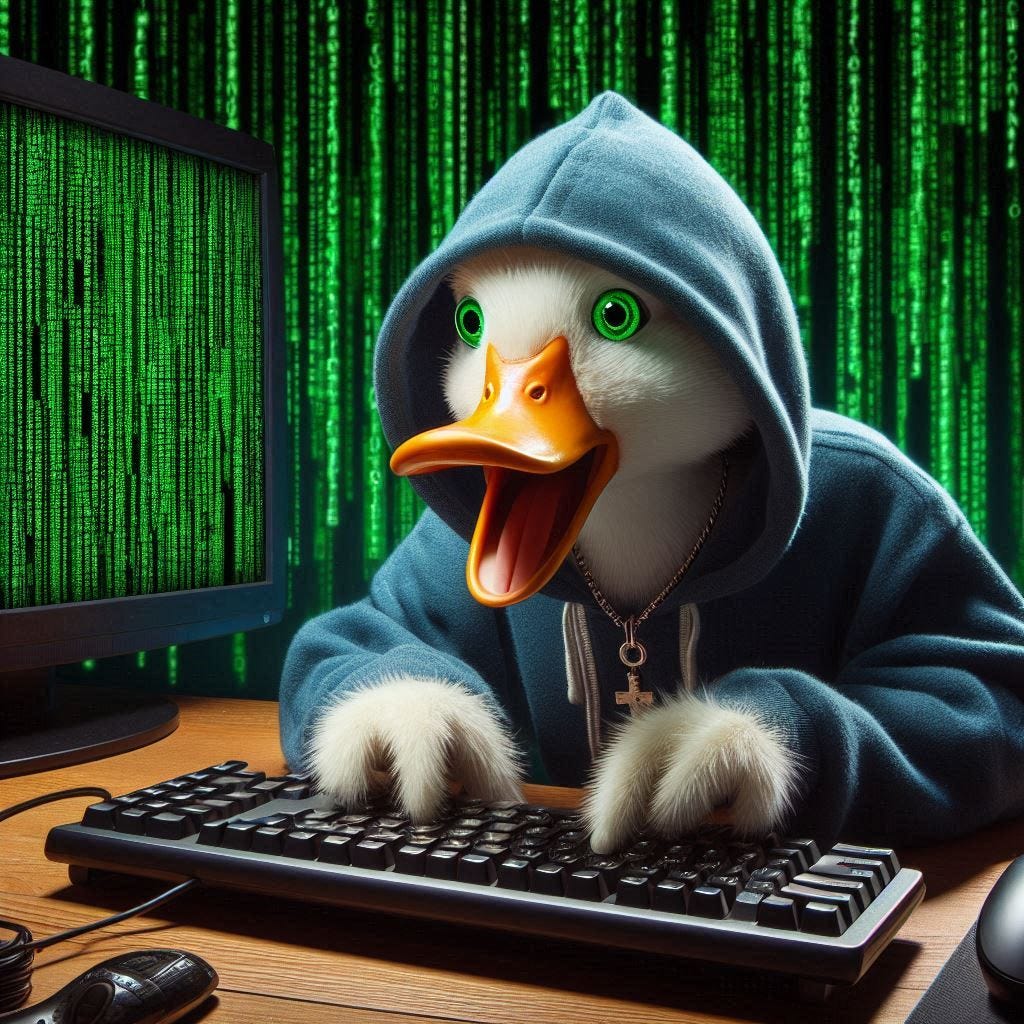  a crazed-looking duck in a hacker hoodie typing madly on a keyboard. on the computer monitor, green text is scrolling by, matrix-style