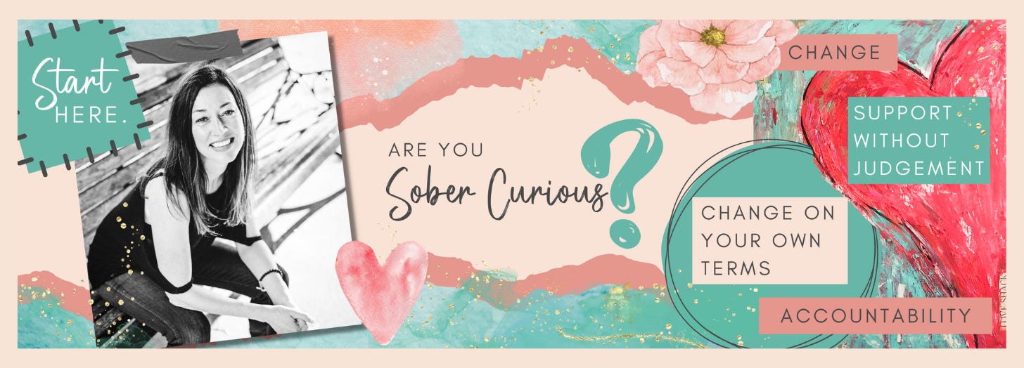 Graphic of a client feature showing a photo of Jillian with turquoise and soft pink illustrations of flowers and hearts. The middle caption says, "are you sober curious? Support without judgment"