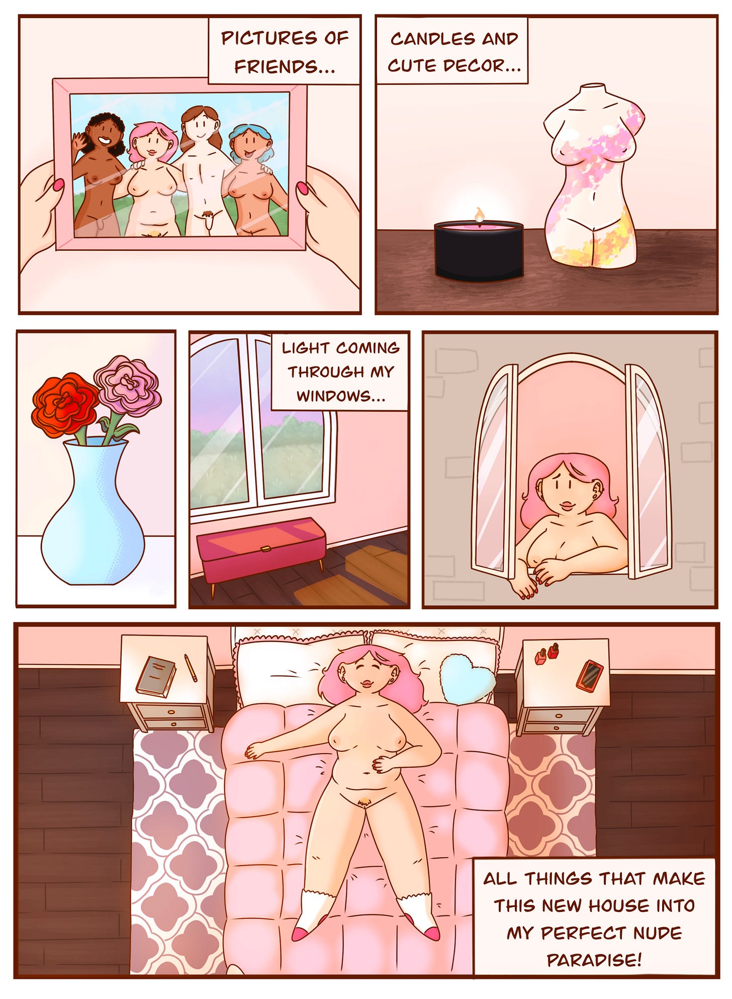 Panel 1: A close-up of a framed photo showing Val smiling with three friends, all nude, standing together outdoors. A narration box reads, "Pictures of friends..."  Panel 2: A candle and a decorative sculpture of a torso with a colorful, abstract design sit on a surface. Another narration box says, "Candles and cute decor..."  Panel 3: A vase with red and pink flowers sits on a table.  Panel 4: A wide window lets in soft sunlight, with a cushioned bench beneath it. A narration box says, "Light coming through my windows..."  Panel 5: Val leans out of an arched window, looking content as she gazes outside.  Panel 6: Val lies nude on a soft, pink bedspread with white lace-trimmed socks, her arms resting on the bed. The cozy bedroom has a nightstand with a notebook and pen on one side, and another nightstand with a phone and bottles of nail polish on the other. A final narration box reads, "All things that make this new house into my perfect nude paradise!"